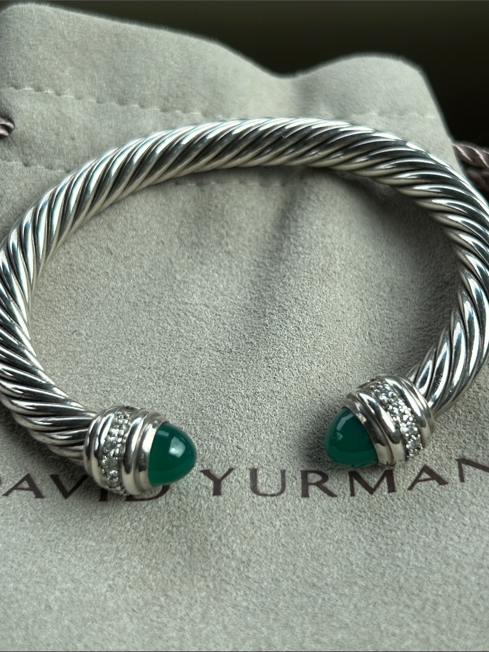 David Yurman Sterling Silver Cable Cuff with Green Gemstone Ends